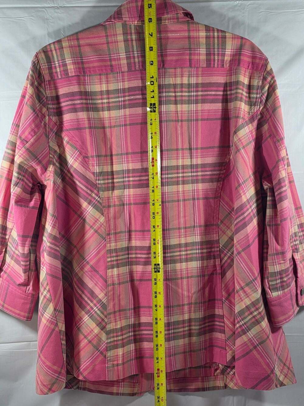 CJ Banks Women’s Plaid Button Front Shirt Jacket 1X Pink Stretch Long Sleeve Poc - Picture 5 of 10